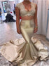 Mermaid V Neck Gold Satin Prom Dresses with Appliques LBQ3329